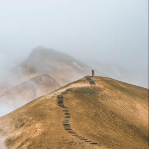 man on top brown hill